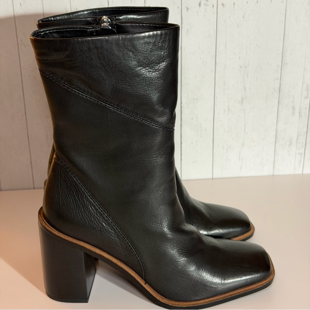 FRANCO SARTO Womens Leather Block Heel Mid Calf Boots 7.5 Black Stylish Like New